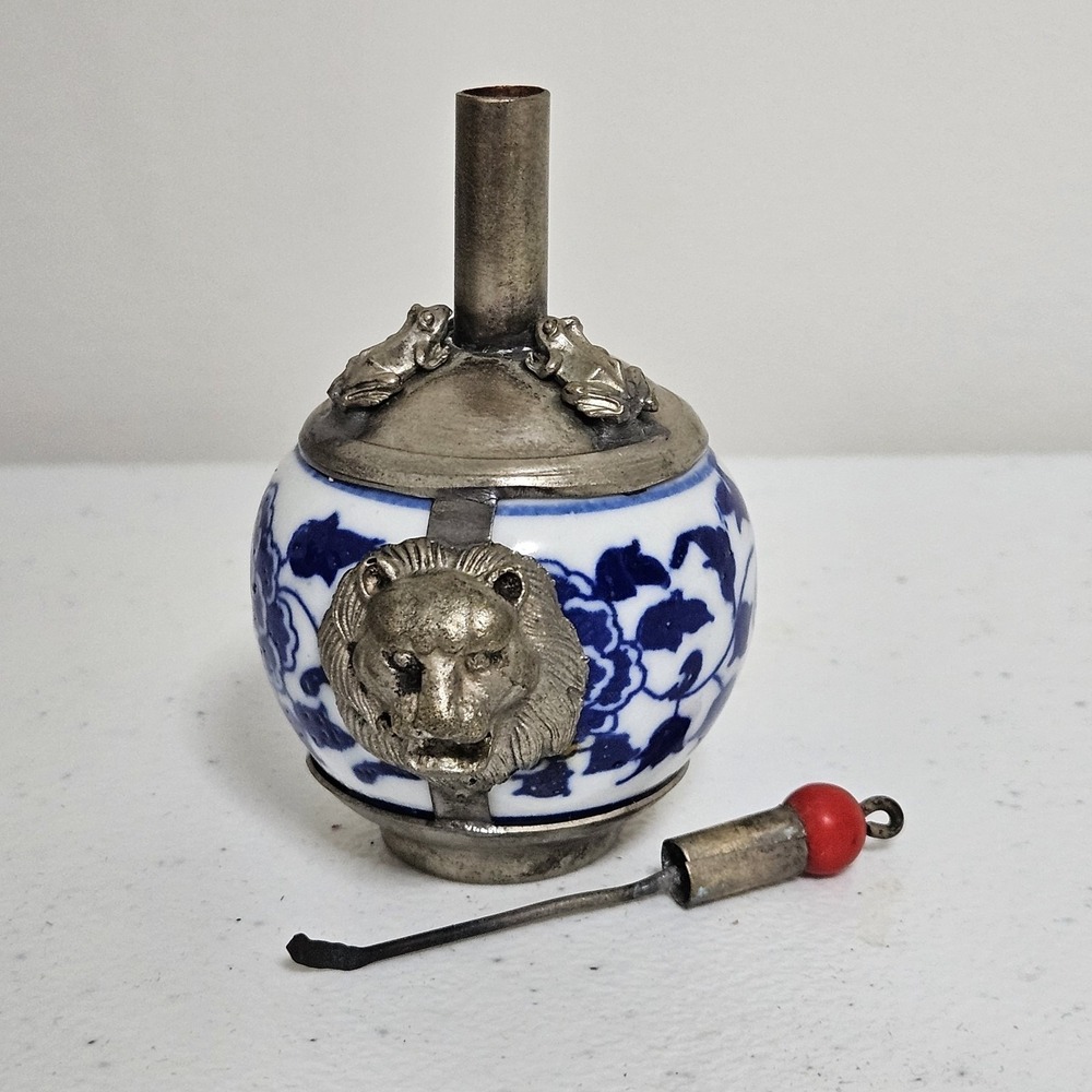 Antique 19th Century Chinese Tibetan Pewter Porcelain Snuff Bottle Blue White - Picture 1 of 11